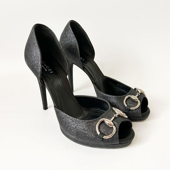 Gucci Heels Stardust Charlotte Black Glitter Horsebit D'Orsay Peep Toe Pumps 37, - Picture 1 of 13